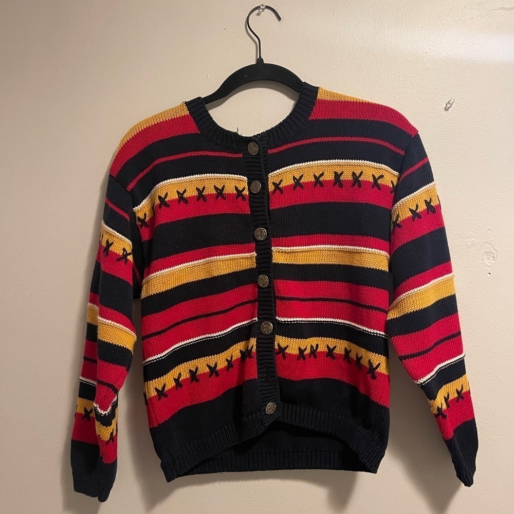 Vintage Fall Native American Cotton Striped Yellow and Red Cottage Core Sweater